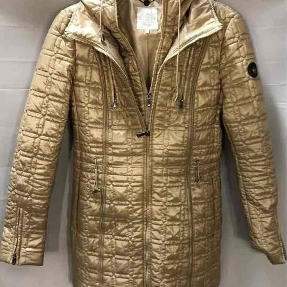 Dawn Levy Designer Gold Hooded Full-Zip Quilted Coat Jacket Size X-Small